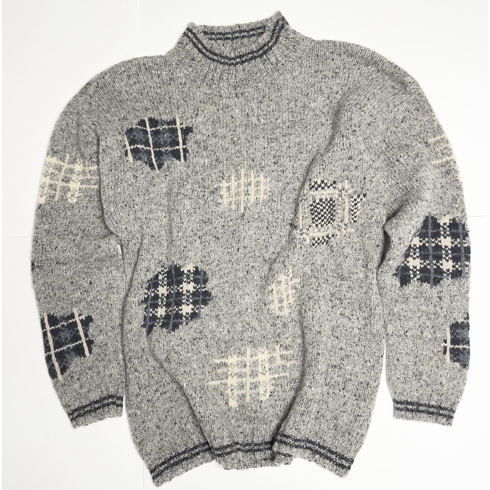 VTG Eddie Bauer Mens 100% Wool Chunky Knit Patchwork Pullover Sweater XL Grandpa